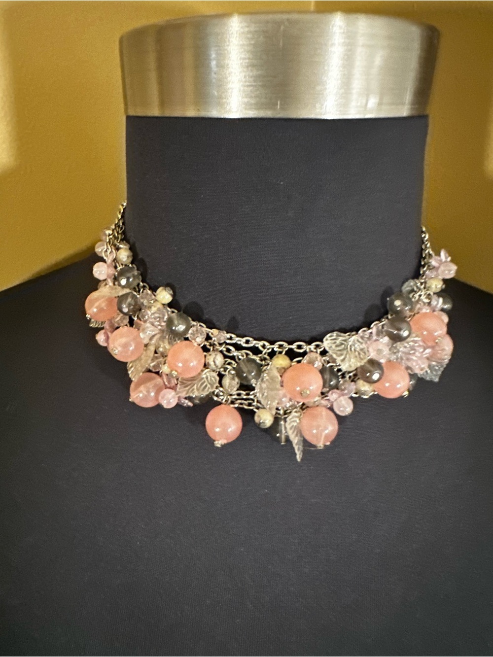 Delicate Pink Bead & Silver Leaf Cluster Necklace - Women Jewelry